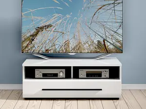 White Gloss TV Cabinet Unit Entertainment Stand Drawer 100 cm Black Accent Fever