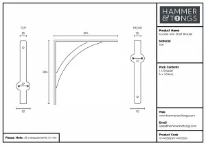 Hammer & Tongs Curved Iron Shelf Bracket - D205mm - Raw - Pack of 2