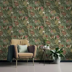 Holden Wonderland Jungle Floral Birds Exotic Sage Green Smooth Wallpaper