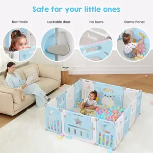 12+2 Panel Baby Foldable Playpen with Safety Gate 25 Sq.ft - Blue White