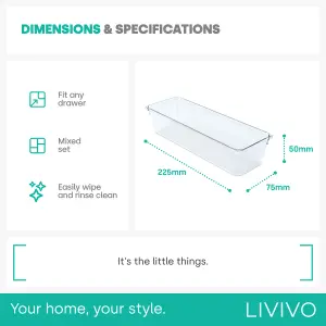 LIVIVO 4Pcs Clear Plastic Drawer Organiser, Versatile Desk & Kitchen Drawer Organiser - Tray for Makeup & Office Supplies - Large