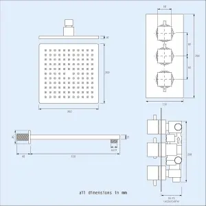 Nes Home Olive 3 Dial 3 Way Square Set - Shower Head, Handset And Body Jets