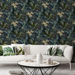 GDUK Tropical Bouquet Nepata Textured Wallpaper, Teal Navy