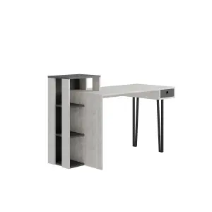 Decortie Modern Loyd Study Desk Large Workspace Built-in Bookshelves Drawer Ancient White Anthracite Grey Width 141cm