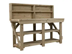 Indoor/outdoor workbench pressure treated station (H-90cm, D-64cm, L-210cm) with back panel and double shelf