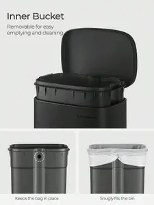 SONGMICS Kitchen Bin 30L, Pedal Bin, Rubbish Bin With Soft-Close Lid And Inner Bucket, Steel, Black