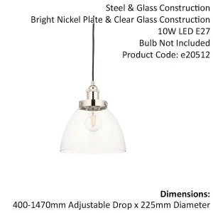 Bright Nickel Ceiling Pendant Light & Clear Glass Shade - Knurled Detailling