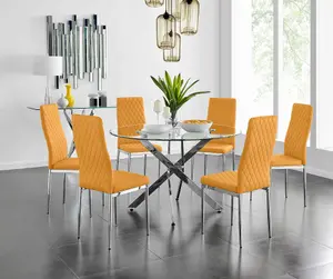 Furniturebox UK Novara 120cm Round Dining Table and 6 Mustard Velvet Milan Chairs