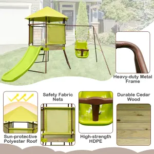 Costway Outdoor Kids Swing Slide Set Metal Backyard Swing Set W/ Covered Playhouse Fort