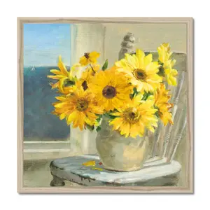 Sunflowers By The Sea Crop Light by Danhui Nai - Painting Natural Wood Framed Paper Print / 91cm H x 91cm W