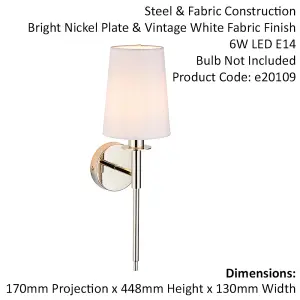 Bright Nickel Plated Wall Light & White Cotton Shade - Modern Sconce Fitting