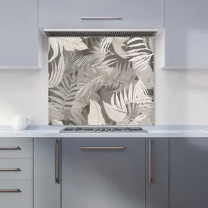 Grey Brown Tropical Leaves Premium Glass Kitchen Splashback W700mm x H750mm