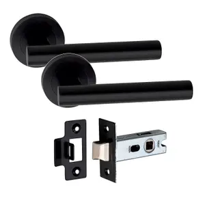 5 Set Straight T-Bar Design Door Handle On Round Rose Latch Door Handles with 2.5" Tubular Latch Matt Black Finish - GG