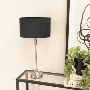 ValueLights Maggie Brushed Chrome Candlestick Slim Table Lamp with Black Velvet Drum Lamp Shade and LED Bulb