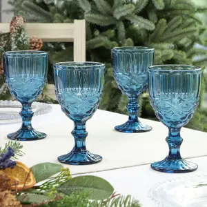 Set of 4 Vintage Luxury Sapphire Blue Drinking Wine Glass Wine Goblets 350ml