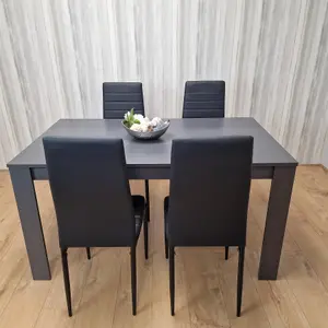 Dining Table and 4 Chairs  Black Dark Grey 4 Black Leather Chairs  Wood Dining Set Furniture