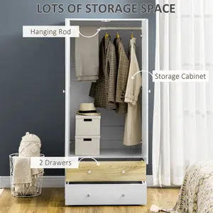 HOMCOM 2 Door Wardrobe White Wardrobe with Drawers and Hanging Rod for Bedroom