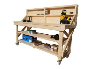 Acorn workbench, kiln-dry work station (H-90cm, D-64cm, L-180cm) with back panel, double shelf and wheels