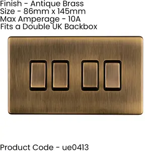 5 PACK 4 Gang Quad Light Switch SCREWLESS ANTIQUE BRASS 2 Way 10A Slim Rocker