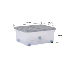 3 x Wham 30L Stackable Plastic Storage Box with Wheels & Folding Lid Clear/Cool Grey