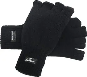 Men's Extra Warm Winter Fingerless Gloves 40G Thinsulate Lining Black L/XL