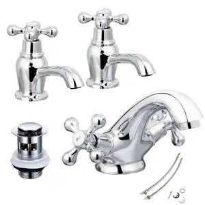 Cascade Penridge Traditional Bath Taps Pillar Chrome & Basin Tap & Waste