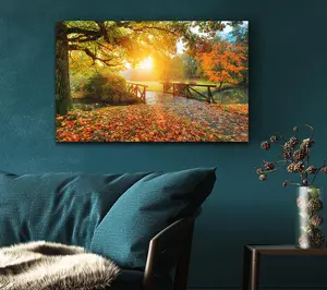 Woodland Bridge Autumn Tranqulity Canvas Print Wall Art - Medium 20 x 32 Inches