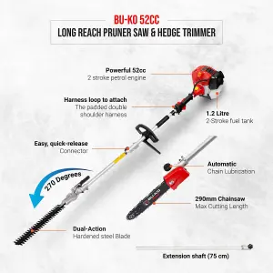 BU-KO 52cc Long Reach Petrol Hedge Trimmer and Pruner Saw with 3X 75cm Extension Pole