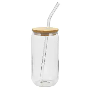 4 X 16oz Can Shaped Glass Cups - Drinking Glasses with Bamboo Lids and Glass Straw - Classic Design With Aesthetic Appeal