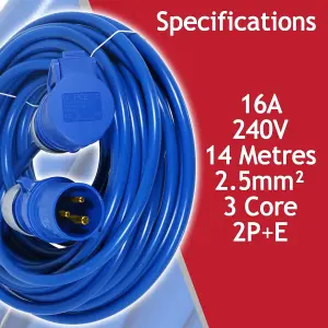 SPARES2GO 16A Extension Lead 14m Heavy Duty 240V 2.5mm Blue Power Cable + 2 x 16 Amp Splitter Kit