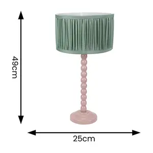 ValueLights Bobbins Painted Rose Table Lamp with Ruched Pleated Green Drum Lamp Shade