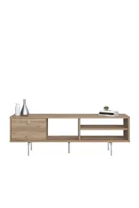 Mika TV Stand with 3 Shelves and 1 Cabinet, 140 x 35 x 45 cm TV Unit Table for TVs up to 60 inch, Oak