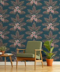 Fine Decor Bali Tropical Floral Teal Peacock Wallpaper FD43280