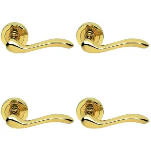 4 PACK - Premium Concealed Door Handle Set - Polished Brass Lever on Round Rose Scroll