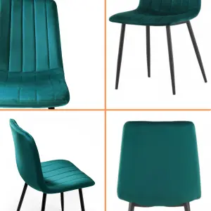 Set of 2 Green Dining Chairs (87x49.5x58.5cm) Cushioned Pad Seat & Solid Metal Black Legs - Velvet Upholstered Living Room Chairs