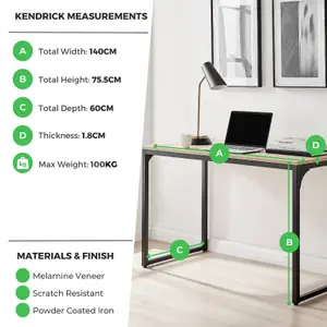 Furniturebox UK Kendrick Oak Effect Desk 140cm for Home Working Study Gaming Office Desk. Elegant Black Leg Melamine Desk