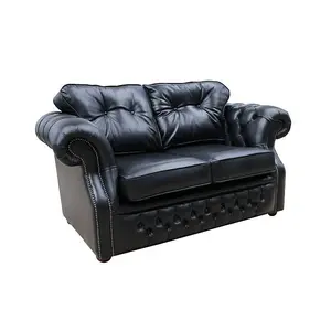 Chesterfield 2 Seater Old English Black Real Leather Sofa Bespoke In Era Style