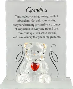 Engraved Glass Crystal Bear Gift Ornaments Set Poem Poetic Writing Message Grandma