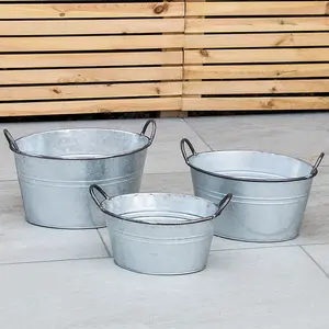 Woodside Filby Vintage Galvanised Flower Planter Tub 3 PACK