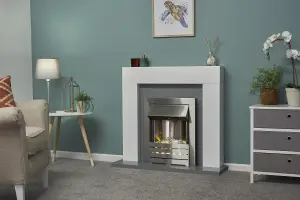 Adam Dakota Fireplace in Pure White & Grey with Helios Electric Fire in Brushed Steel, 39 Inch