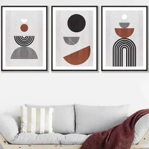 Set of 3 Black Grey Terracotta Abstract Mid Century Geometric Wall Art Prints / 50x70cm / Black Frame