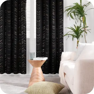 Deconovo Foil Printed Thermal Curtains 66 x 72 Inch Black 2 Panels Super Soft Ring Top Blackout Curtains for Bedroom