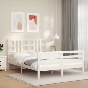 Berkfield Bed Frame with Headboard White King Size Solid Wood