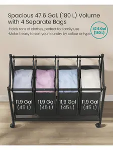 SONGMICS Rolling Laundry Sorter, Laundry Basket With 4 Removable Bags, Laundry Hamper, Laundry Trolley, For Laundry Room