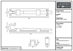 Hammer & Tongs - Straight Shepherd's Crook Surface Bolt - W185mm - Black