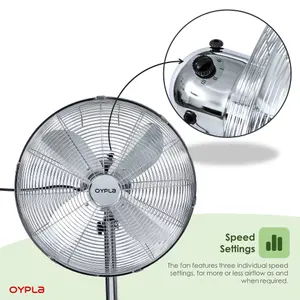 Oypla Electrical 16" Inch 40cm Chrome Metal Pedestal 3 Speed Stand Fan Cooling