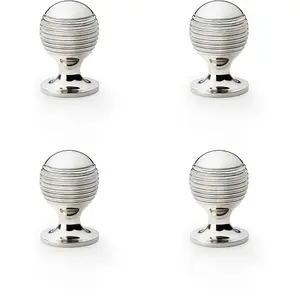 4 PACK - Reeded Ball Door Knob - 25mm Diameter Polished Nickel Lined Cupboard Pull Handle