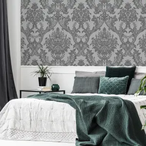 Boutique Baroque Grey Glitter effect Damask Textured Wallpaper