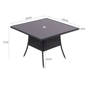 Retro Square Garden Wicker Rattan Tempered Glass Top Outdoor Patio Dinging Table with Umbrella Hole Black 105 cm