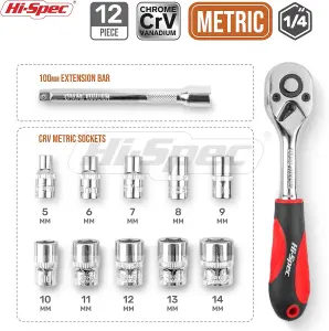 Hi-Spec 12pc 1/4 inch Metric Socket Set with Ratchet Wrench & Extension Bar